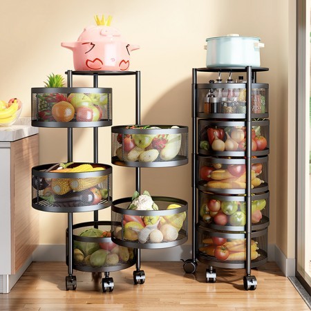 Stainless Steel 5 Layers Kitchen Rotating Shelf 360 Degree Baskets Fruit Vegetable Storage Rack Floor Round Shelf with Wheels